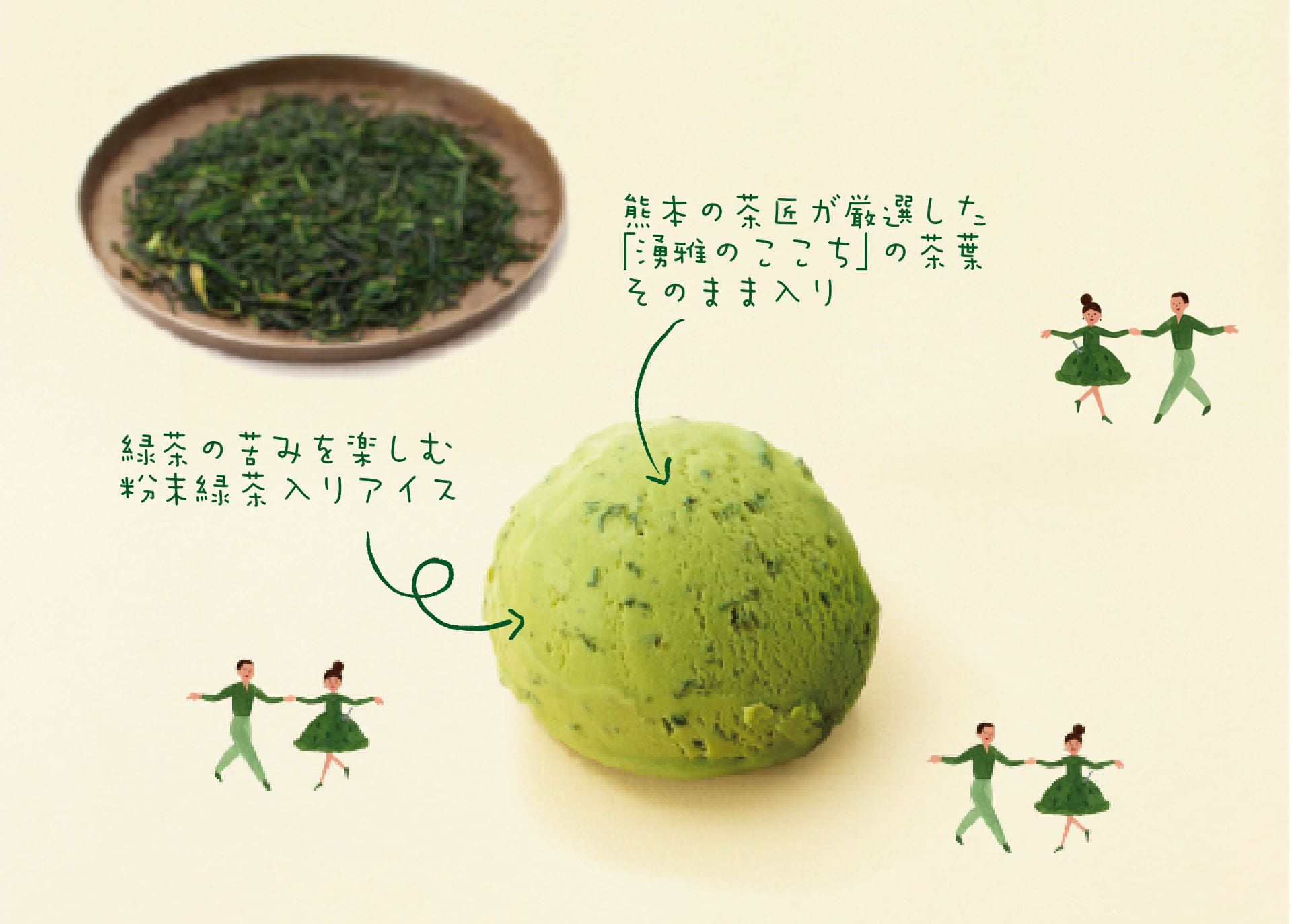 熊本県産最高級茶葉 優雅のここち使用 つぶつぶ茶葉入りアイス 茶茶茶 CHABA+ 特徴 熊本の茶匠が厳選した「優雅のここち」の茶葉そのまま入り 緑茶の苦みを楽しむ粉末緑茶入りアイス